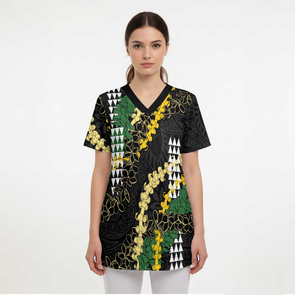 Hawaii Aloha Kakau Scrub Top Puakenikeni and Maile Lei Twist - Polynesian Pride