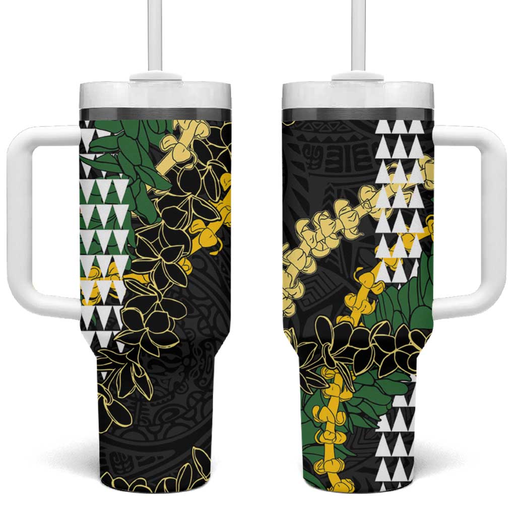 Hawaii Aloha Kakau Tumbler With Handle Puakenikeni and Maile Lei Twist