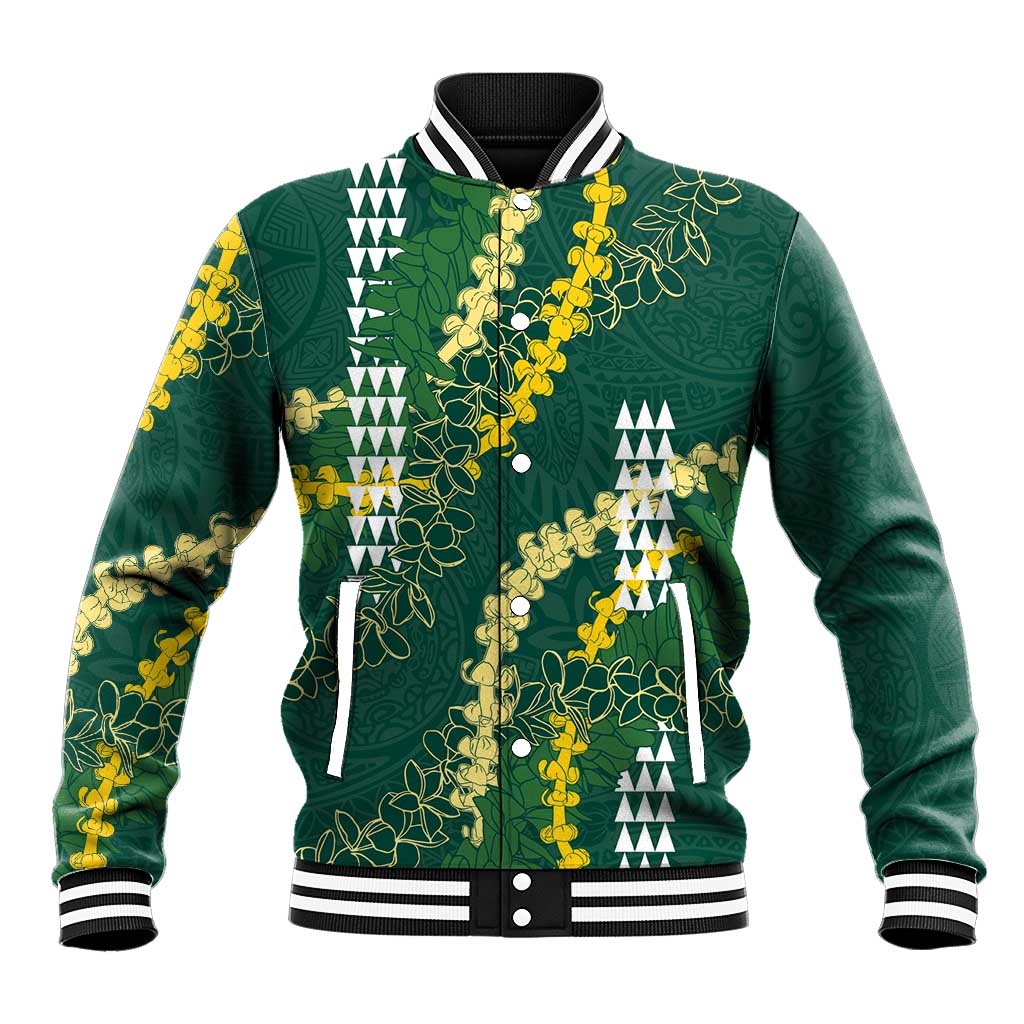 Hawaii Aloha Kakau Baseball Jacket Green Puakenikeni and Maile Lei Twist