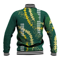 Hawaii Aloha Kakau Baseball Jacket Green Puakenikeni and Maile Lei Twist