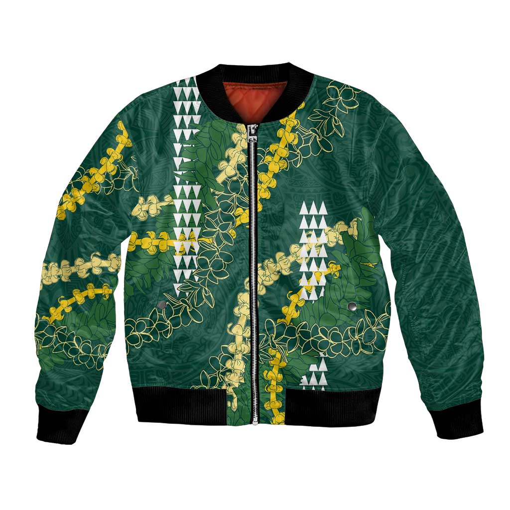 Hawaii Aloha Kakau Bomber Jacket Green Puakenikeni and Maile Lei Twist