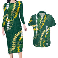 Hawaii Aloha Kakau Couples Matching Long Sleeve Bodycon Dress and Hawaiian Shirt Green Puakenikeni and Maile Lei Twist
