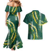 Hawaii Aloha Kakau Couples Matching Mermaid Dress and Hawaiian Shirt Green Puakenikeni and Maile Lei Twist