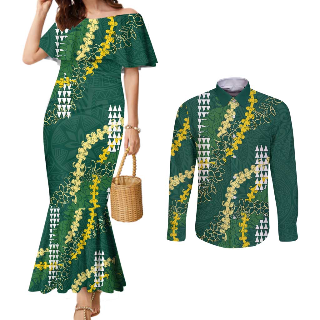 Hawaii Aloha Kakau Couples Matching Mermaid Dress and Long Sleeve Button Shirt Green Puakenikeni and Maile Lei Twist