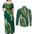 Hawaii Aloha Kakau Couples Matching Off Shoulder Maxi Dress and Long Sleeve Button Shirt Green Puakenikeni and Maile Lei Twist