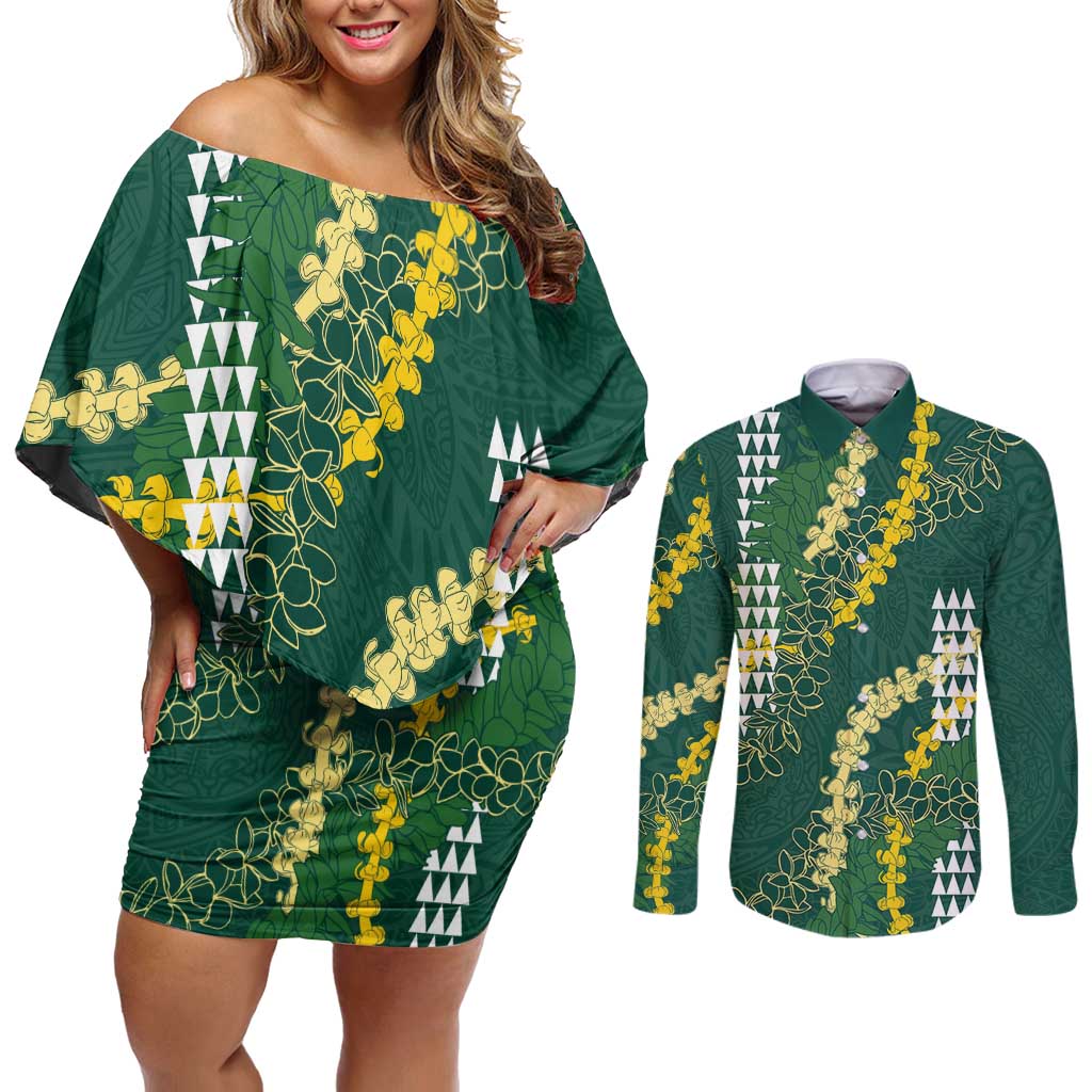 Hawaii Aloha Kakau Couples Matching Off Shoulder Short Dress and Long Sleeve Button Shirt Green Puakenikeni and Maile Lei Twist