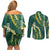 Hawaii Aloha Kakau Couples Matching Off Shoulder Short Dress and Long Sleeve Button Shirt Green Puakenikeni and Maile Lei Twist