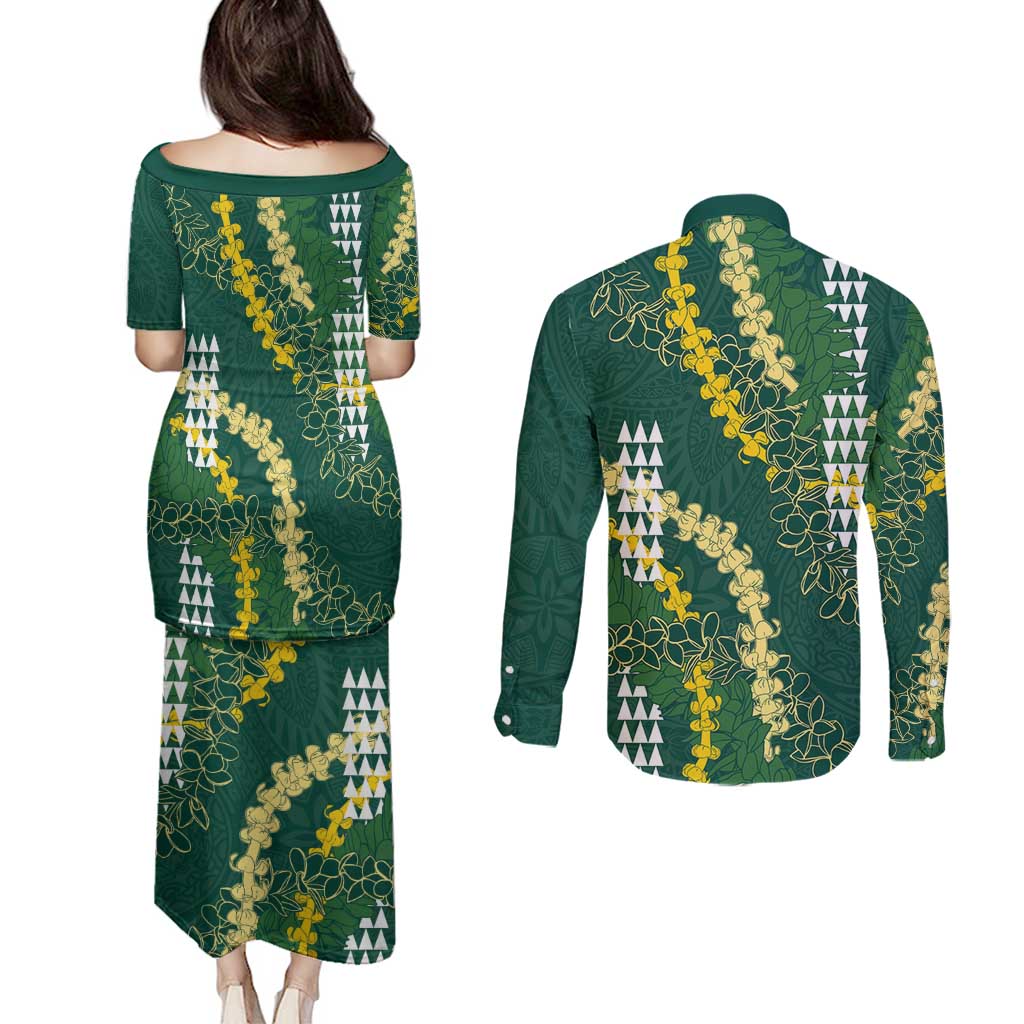 Hawaii Aloha Kakau Couples Matching Puletasi and Long Sleeve Button Shirt Green Puakenikeni and Maile Lei Twist