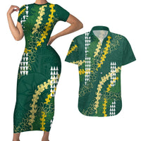 Hawaii Aloha Kakau Couples Matching Short Sleeve Bodycon Dress and Hawaiian Shirt Green Puakenikeni and Maile Lei Twist