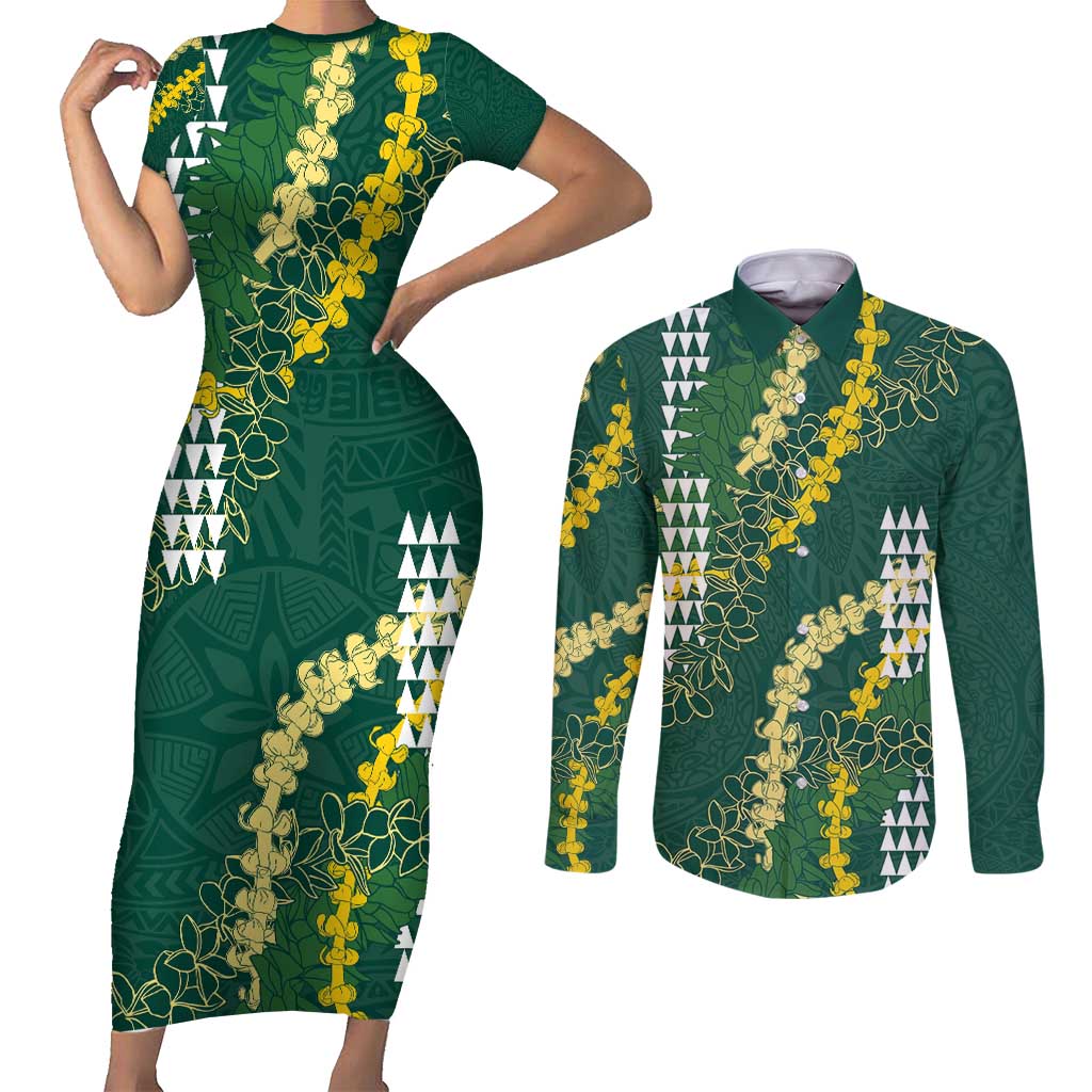 Hawaii Aloha Kakau Couples Matching Short Sleeve Bodycon Dress and Long Sleeve Button Shirt Green Puakenikeni and Maile Lei Twist