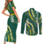 Hawaii Aloha Kakau Couples Matching Short Sleeve Bodycon Dress and Long Sleeve Button Shirt Green Puakenikeni and Maile Lei Twist