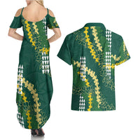 Hawaii Aloha Kakau Couples Matching Summer Maxi Dress and Hawaiian Shirt Green Puakenikeni and Maile Lei Twist
