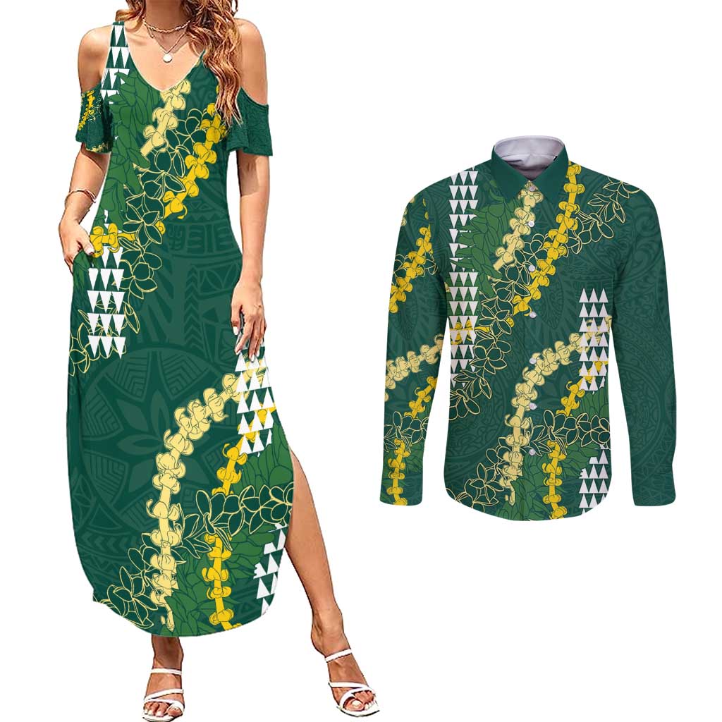 Hawaii Aloha Kakau Couples Matching Summer Maxi Dress and Long Sleeve Button Shirt Green Puakenikeni and Maile Lei Twist