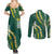 Hawaii Aloha Kakau Couples Matching Summer Maxi Dress and Long Sleeve Button Shirt Green Puakenikeni and Maile Lei Twist