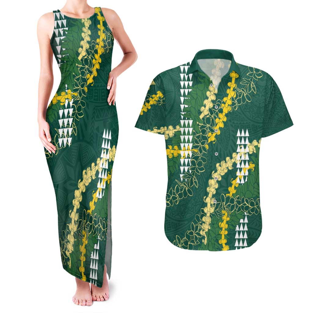 Hawaii Aloha Kakau Couples Matching Tank Maxi Dress and Hawaiian Shirt Green Puakenikeni and Maile Lei Twist