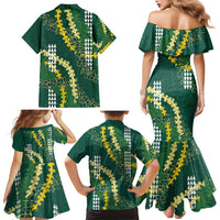 Hawaii Aloha Kakau Family Matching Mermaid Dress and Hawaiian Shirt Green Puakenikeni and Maile Lei Twist