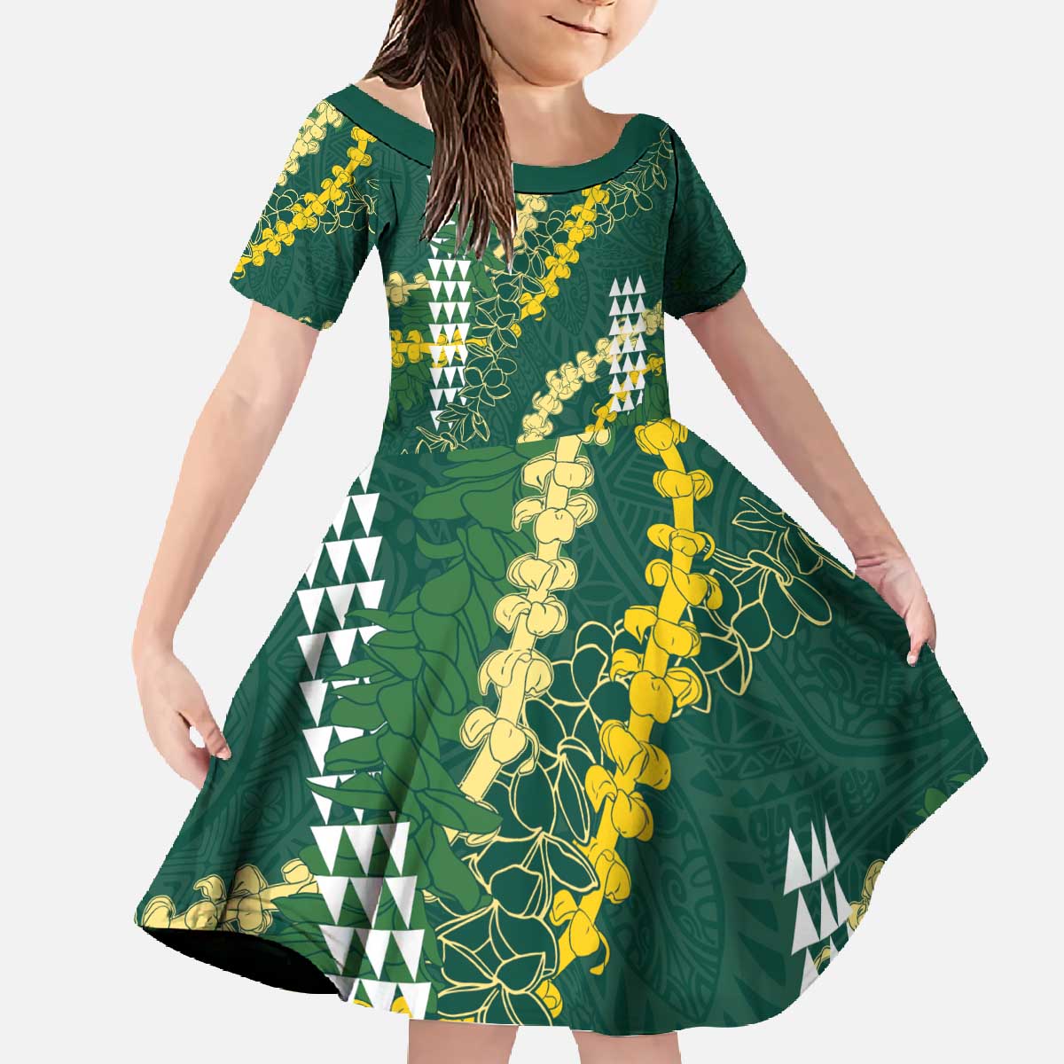 Hawaii Aloha Kakau Family Matching Off The Shoulder Long Sleeve Dress and Hawaiian Shirt Green Puakenikeni and Maile Lei Twist