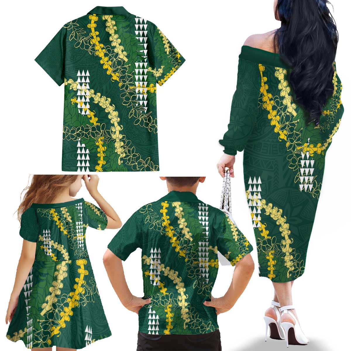 Hawaii Aloha Kakau Family Matching Off The Shoulder Long Sleeve Dress and Hawaiian Shirt Green Puakenikeni and Maile Lei Twist