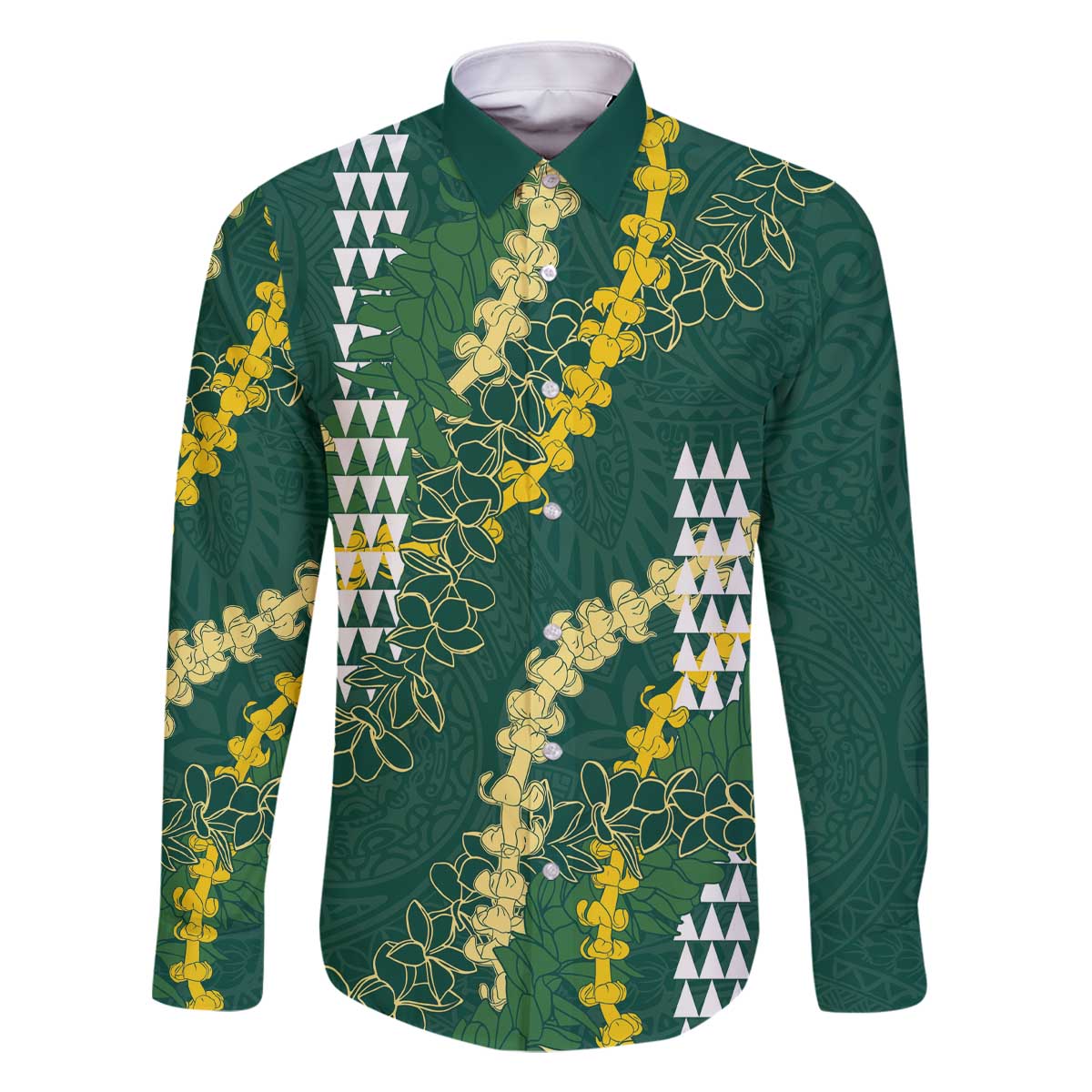 Hawaii Aloha Kakau Family Matching Off The Shoulder Long Sleeve Dress and Hawaiian Shirt Green Puakenikeni and Maile Lei Twist