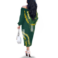 Hawaii Aloha Kakau Family Matching Off The Shoulder Long Sleeve Dress and Hawaiian Shirt Green Puakenikeni and Maile Lei Twist