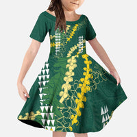 Hawaii Aloha Kakau Family Matching Off Shoulder Maxi Dress and Hawaiian Shirt Green Puakenikeni and Maile Lei Twist