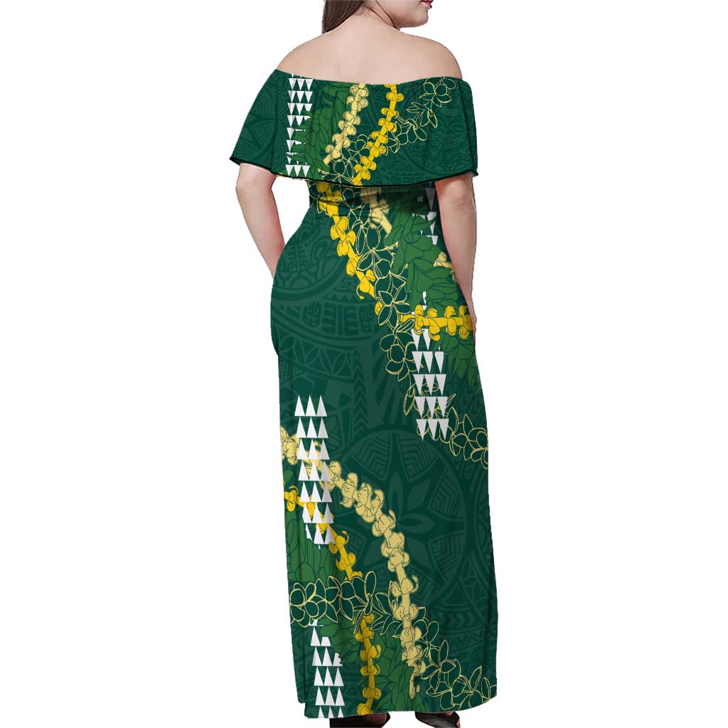 Hawaii Aloha Kakau Family Matching Off Shoulder Maxi Dress and Hawaiian Shirt Green Puakenikeni and Maile Lei Twist