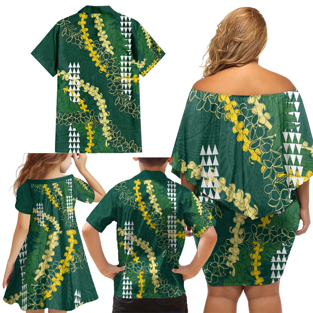 Hawaii Aloha Kakau Family Matching Off Shoulder Short Dress and Hawaiian Shirt Green Puakenikeni and Maile Lei Twist