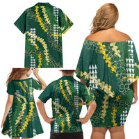 Hawaii Aloha Kakau Family Matching Off Shoulder Short Dress and Hawaiian Shirt Green Puakenikeni and Maile Lei Twist
