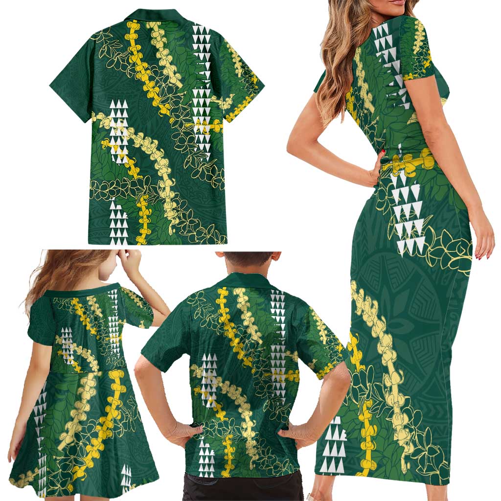 Hawaii Aloha Kakau Family Matching Short Sleeve Bodycon Dress and Hawaiian Shirt Green Puakenikeni and Maile Lei Twist