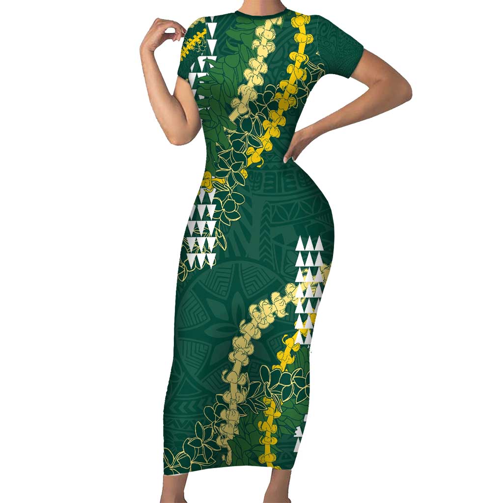 Hawaii Aloha Kakau Family Matching Short Sleeve Bodycon Dress and Hawaiian Shirt Green Puakenikeni and Maile Lei Twist