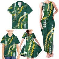 Hawaii Aloha Kakau Family Matching Tank Maxi Dress and Hawaiian Shirt Green Puakenikeni and Maile Lei Twist