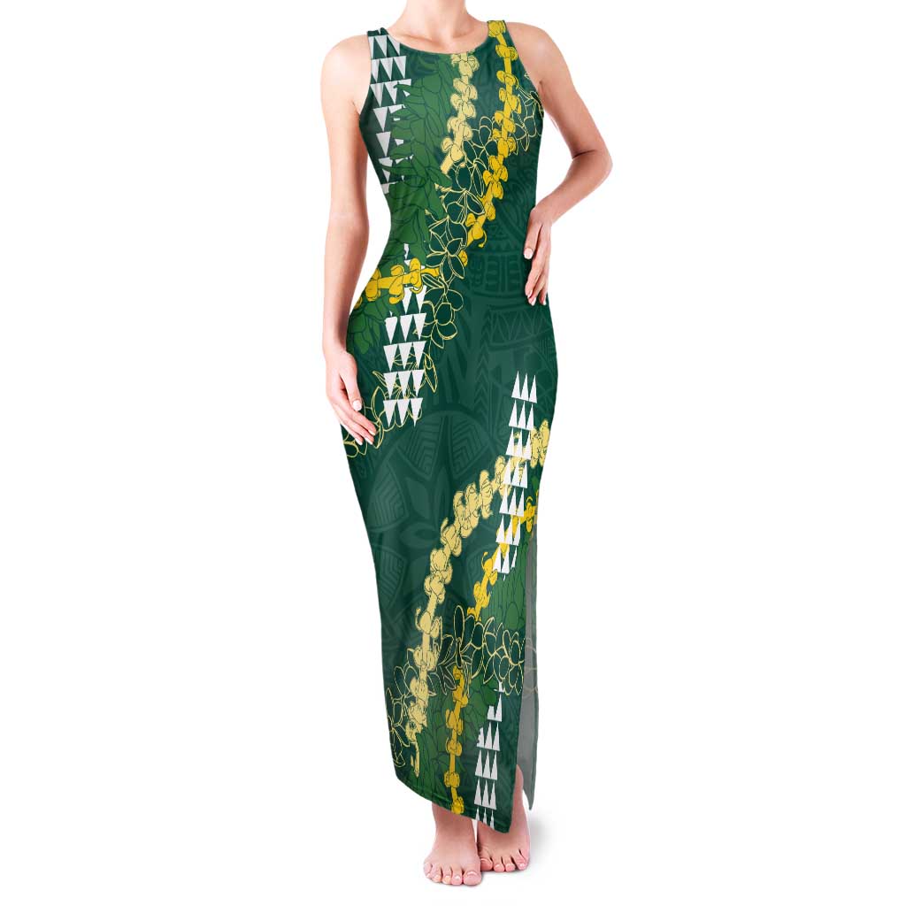 Hawaii Aloha Kakau Family Matching Tank Maxi Dress and Hawaiian Shirt Green Puakenikeni and Maile Lei Twist
