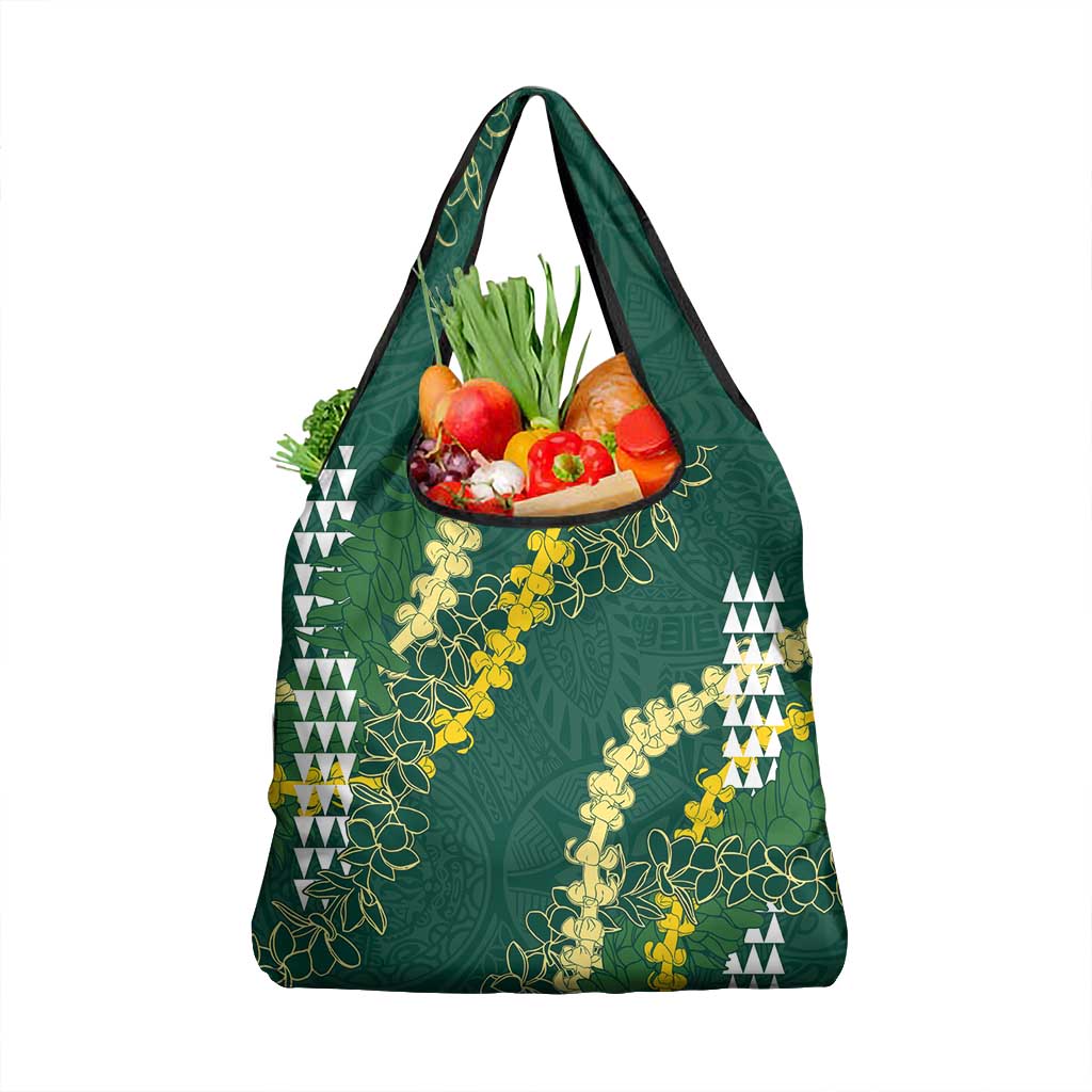 Hawaii Aloha Kakau Grocery Bag Green Puakenikeni and Maile Lei Twist