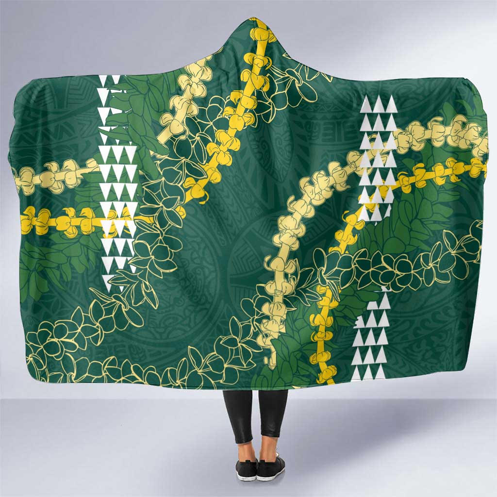 Hawaii Aloha Kakau Hooded Blanket Green Puakenikeni and Maile Lei Twist