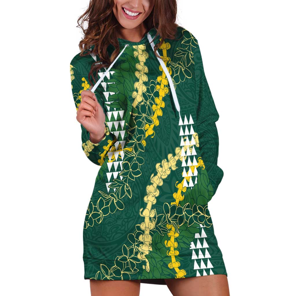 Hawaii Aloha Kakau Hoodie Dress Green Puakenikeni and Maile Lei Twist