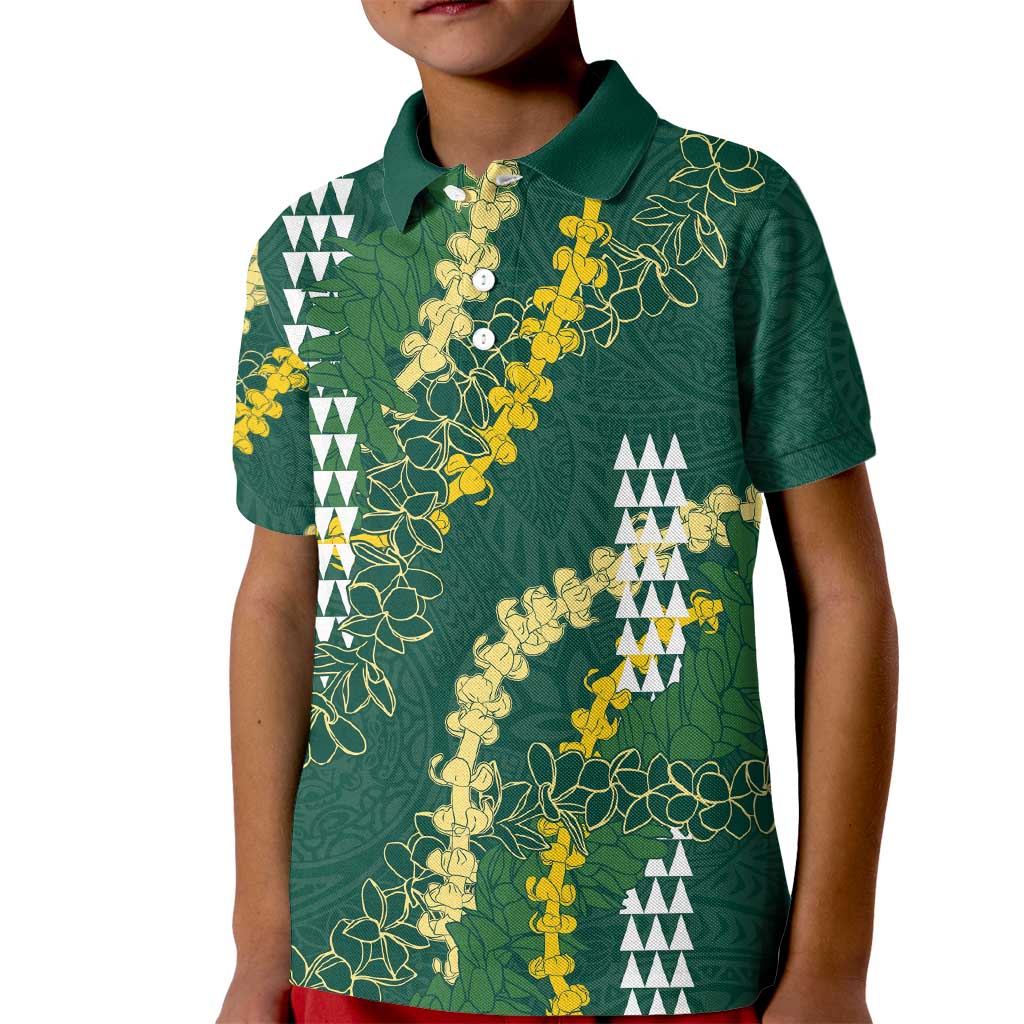 Hawaii Aloha Kakau Kid Polo Shirt Green Puakenikeni and Maile Lei Twist