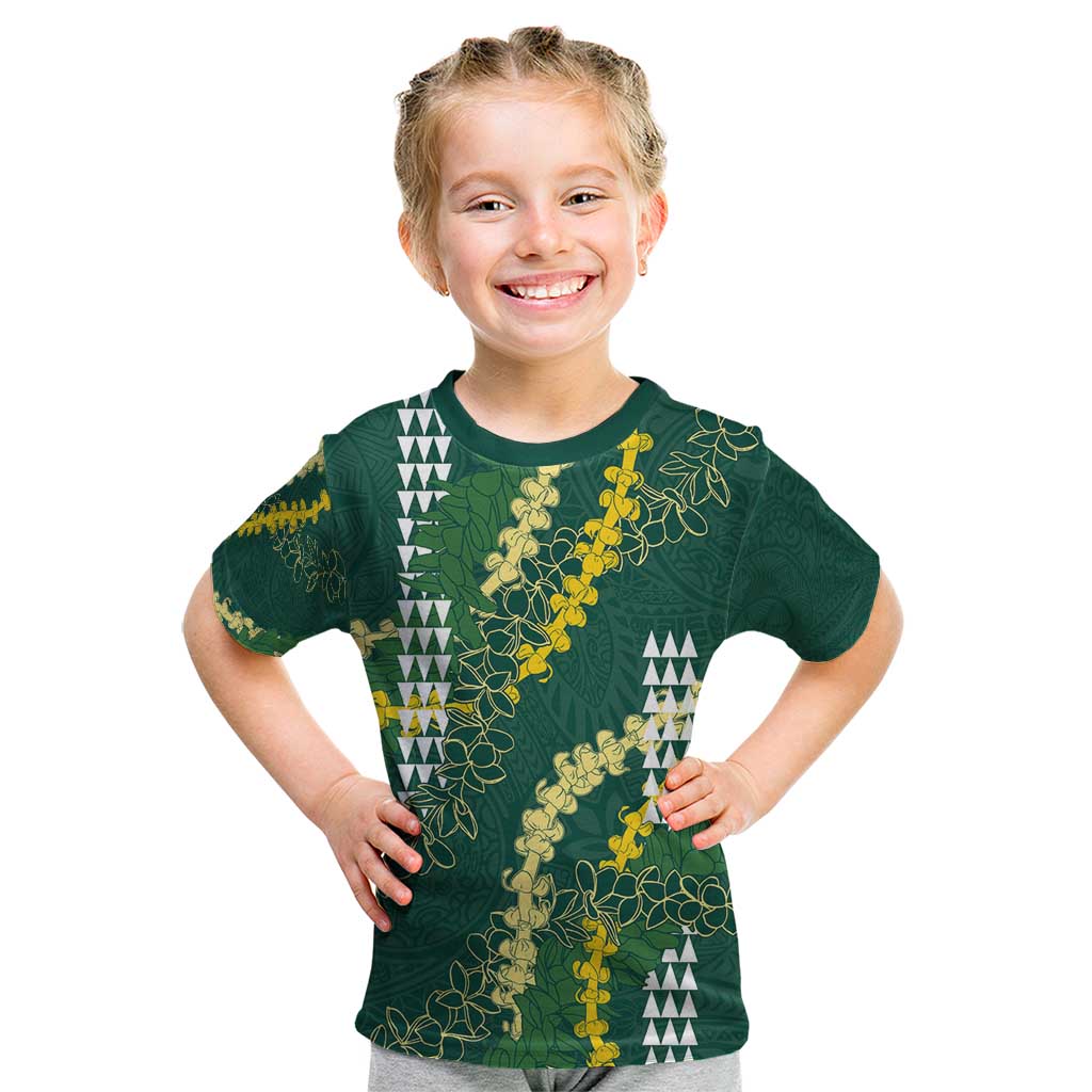 Hawaii Aloha Kakau Kid T Shirt Green Puakenikeni and Maile Lei Twist