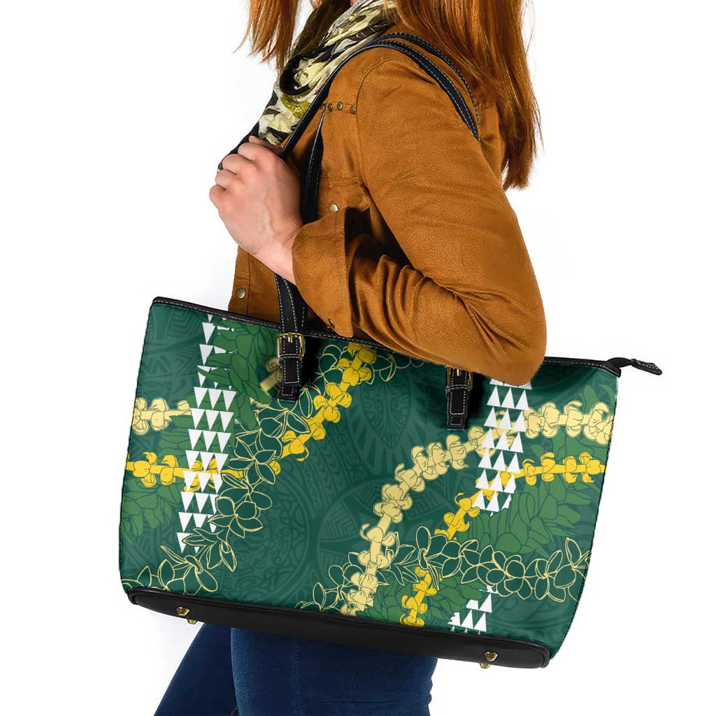 Hawaii Aloha Kakau Leather Tote Bag Green Puakenikeni and Maile Lei Twist