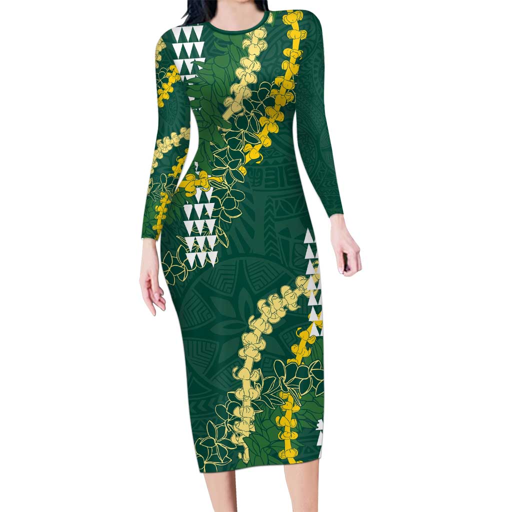 Hawaii Aloha Kakau Long Sleeve Bodycon Dress Green Puakenikeni and Maile Lei Twist