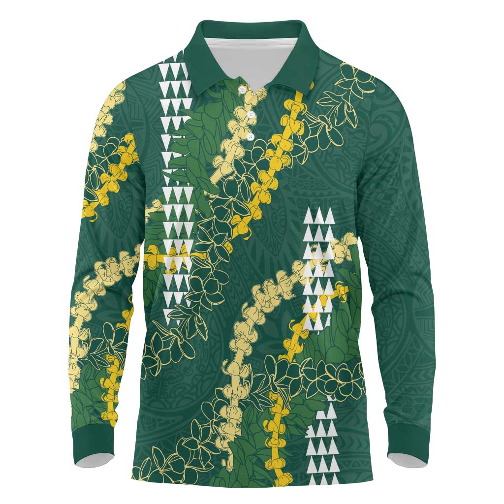 Hawaii Aloha Kakau Long Sleeve Polo Shirt Green Puakenikeni and Maile Lei Twist