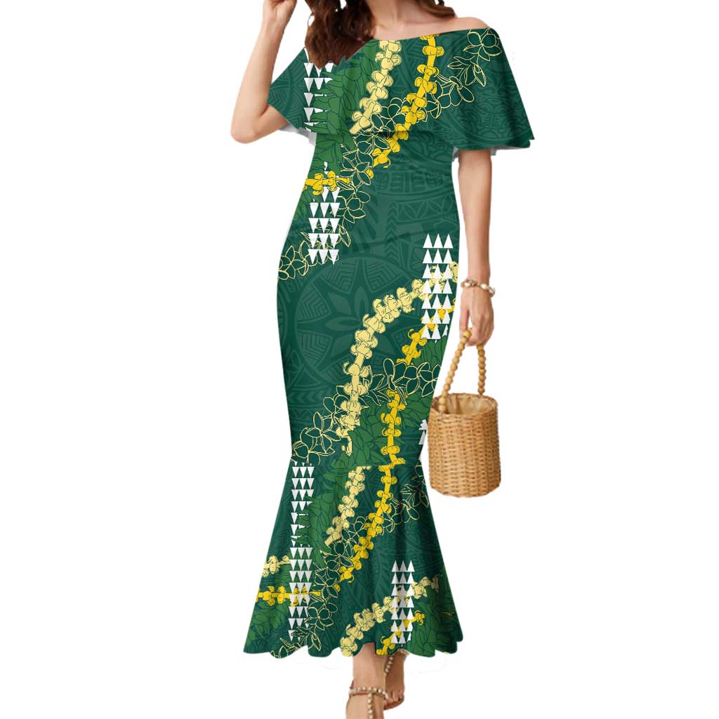 Hawaii Aloha Kakau Mermaid Dress Green Puakenikeni and Maile Lei Twist