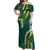 Hawaii Aloha Kakau Off Shoulder Maxi Dress Green Puakenikeni and Maile Lei Twist