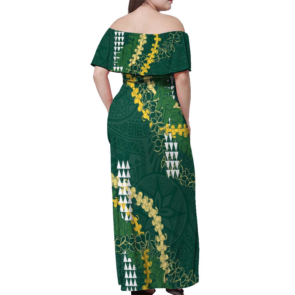 Hawaii Aloha Kakau Off Shoulder Maxi Dress Green Puakenikeni and Maile Lei Twist