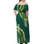 Hawaii Aloha Kakau Off Shoulder Maxi Dress Green Puakenikeni and Maile Lei Twist