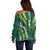 Hawaii Aloha Kakau Off Shoulder Sweater Green Puakenikeni and Maile Lei Twist