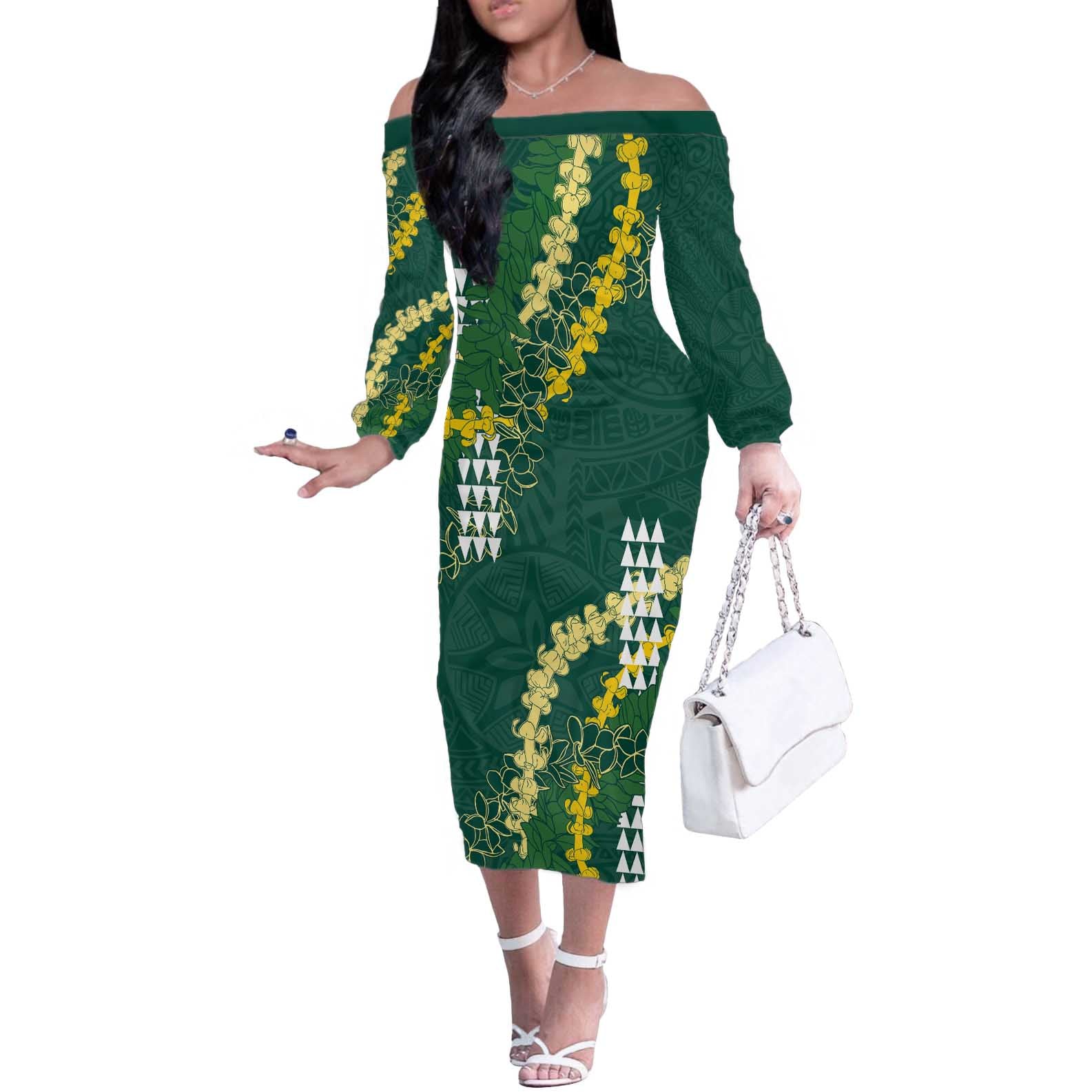 Hawaii Aloha Kakau Off The Shoulder Long Sleeve Dress Green Puakenikeni and Maile Lei Twist