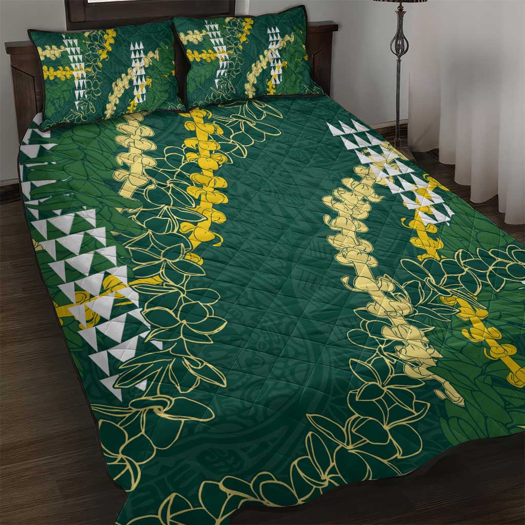 Hawaii Aloha Kakau Quilt Bed Set Green Puakenikeni and Maile Lei Twist