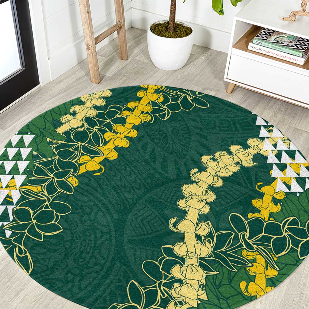 Hawaii Aloha Kakau Round Carpet Green Puakenikeni and Maile Lei Twist