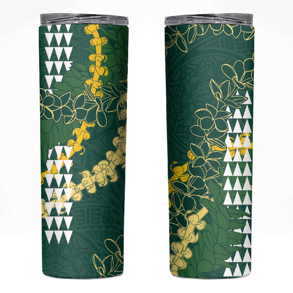 Hawaii Aloha Kakau Skinny Tumbler Green Puakenikeni and Maile Lei Twist