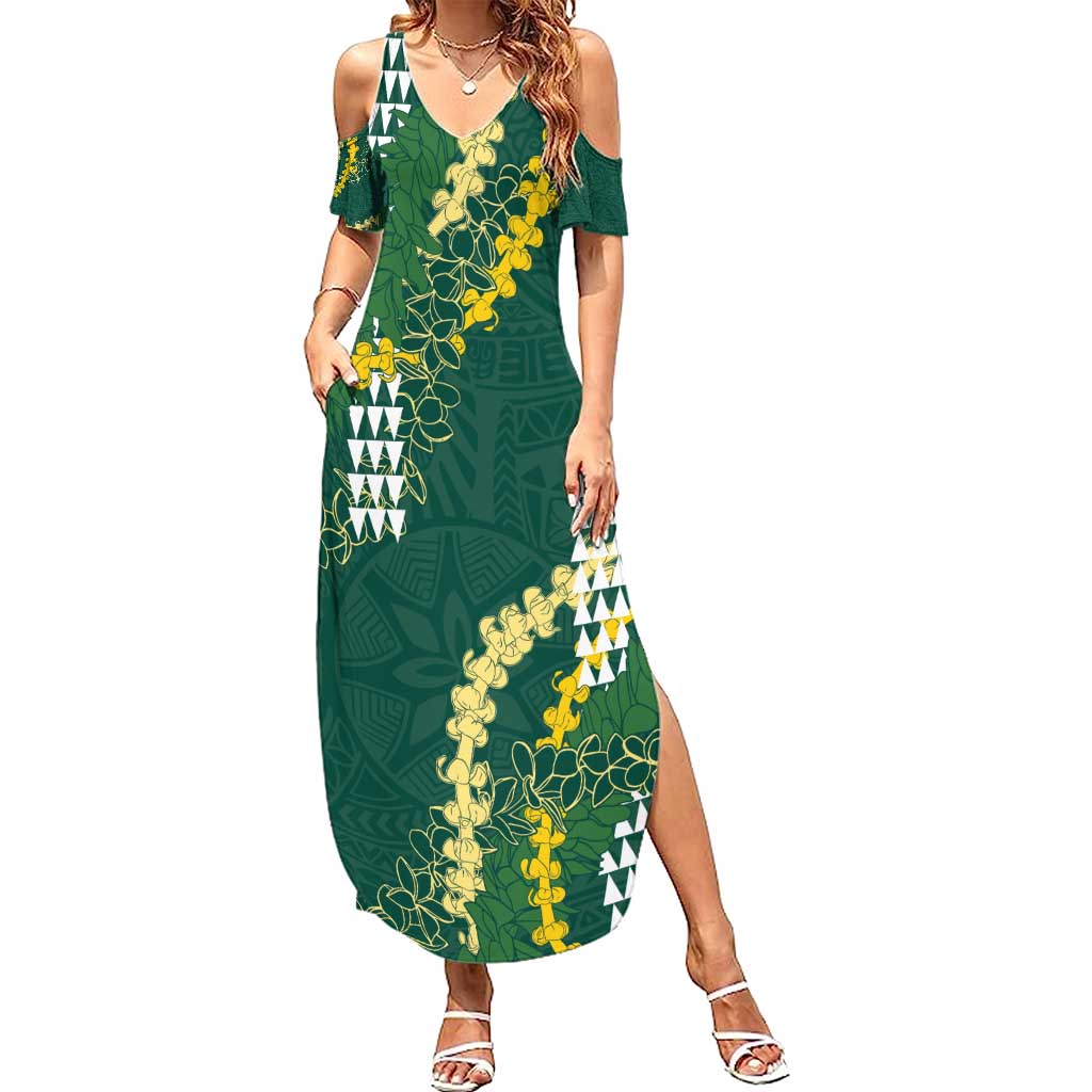 Hawaii Aloha Kakau Summer Maxi Dress Green Puakenikeni and Maile Lei Twist